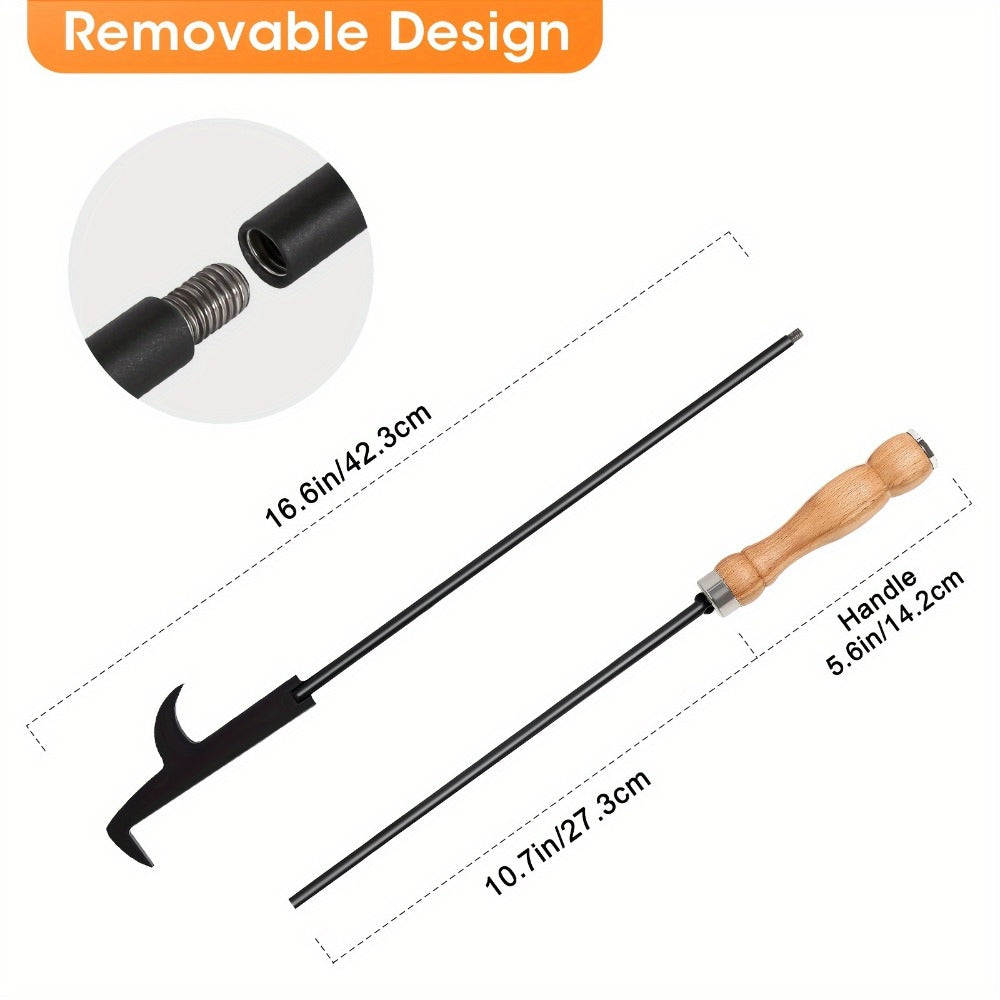 Fire Pit Poker 32 Inch, Wrought Iron Fire Poker Stick with Wooden Handle and Barb Hook, Collapsible Campfire Poker for Fireplace