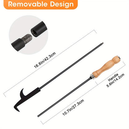 Fire Pit Poker 32 Inch, Wrought Iron Fire Poker Stick with Wooden Handle and Barb Hook, Collapsible Campfire Poker for Fireplace