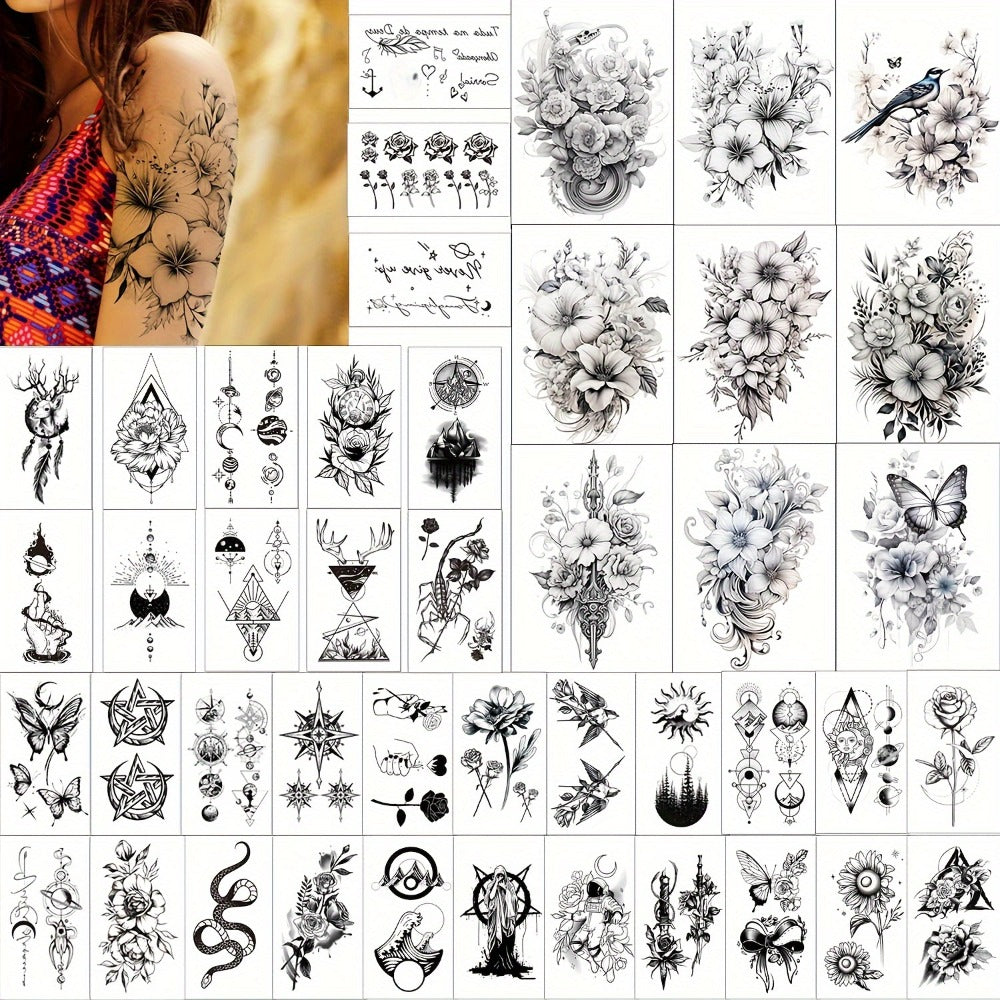 Temporary Tattoos GLARYYEARS 44-Sheet Black Floral, Butterfly and Snake Set with 9 Large and 35 Small Designs