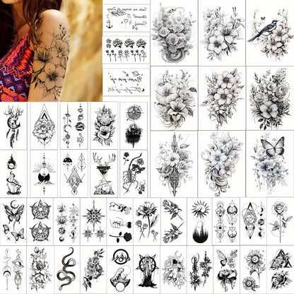Temporary Tattoos GLARYYEARS 44-Sheet Black Floral, Butterfly and Snake Set with 9 Large and 35 Small Designs