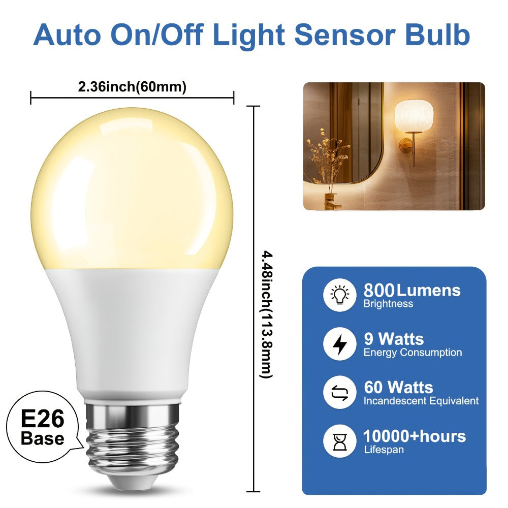 Dusk-to-Dawn E26 LED Light Bulbs, 9W 2700K Warm White Four-Pack with 800-Lumen Marking and Sensor Format