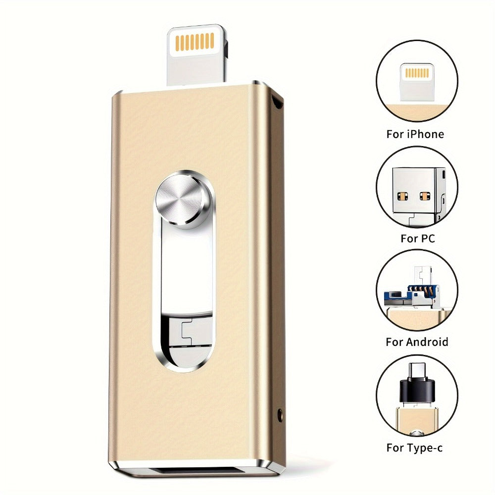USB Flash Drive 64GB Compact Aluminum-Alloy Four-Connector Memory Stick in Black or Gold Color Options