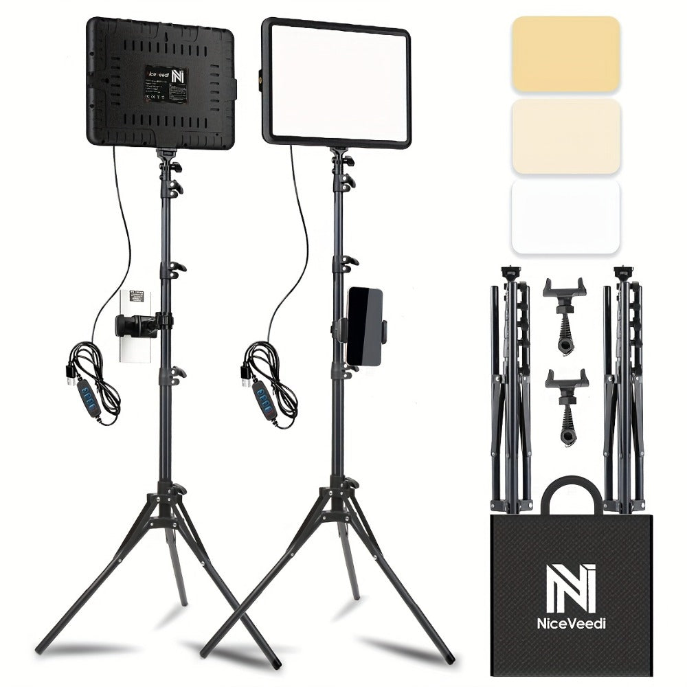 2-Pack LED Video Light Kit with Tripod Stand & Phone Holder, 2800-6500K Dimmable, CRI 97+, USB Powered Studio Lighting for YouTube