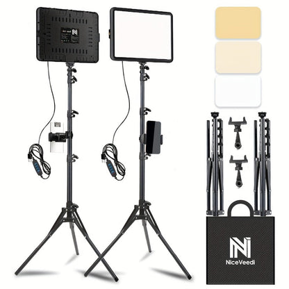 2-Pack LED Video Light Kit with Tripod Stand & Phone Holder, 2800-6500K Dimmable, CRI 97+, USB Powered Studio Lighting for YouTube