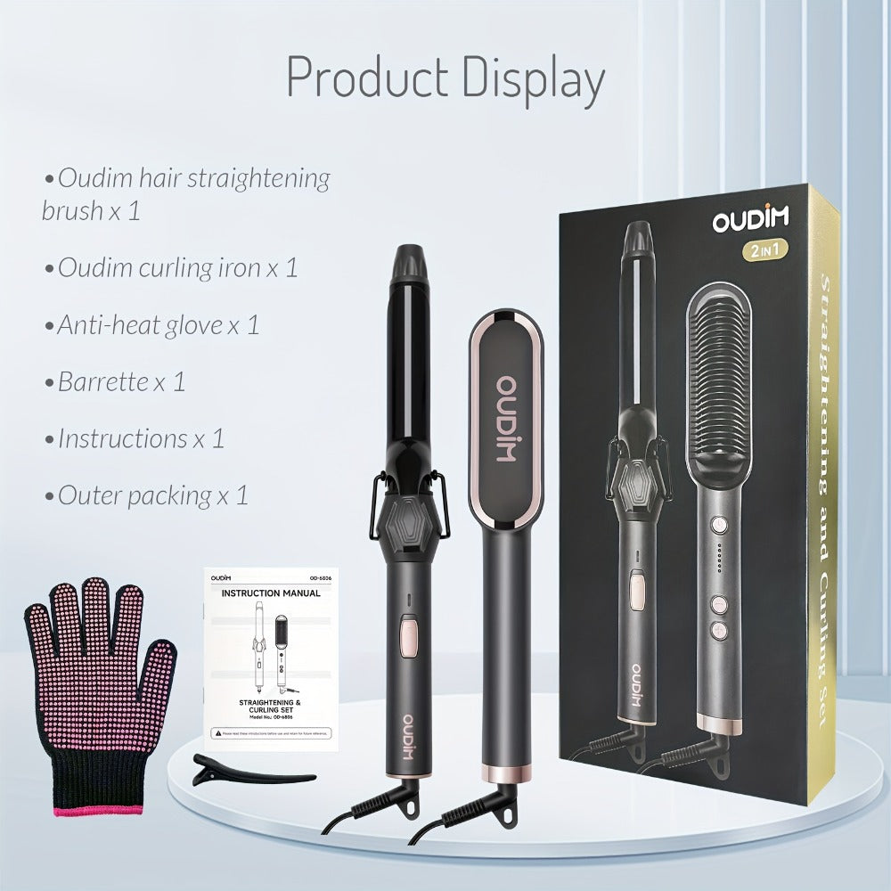 Hair Straightener & Curling Iron Set for Women, Flat Iron Straightening Brush, Anti-Scald, Precise Temperature Control