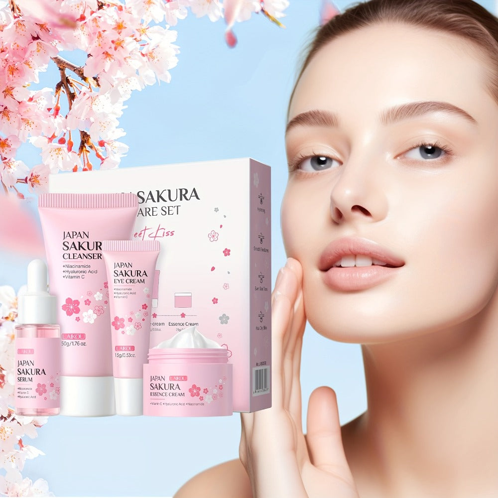 4-Piece Sakura Skincare Gift Set with Cleanser, Serum, Essence Cream and Eye Cream in Coordinated Pink Packaging