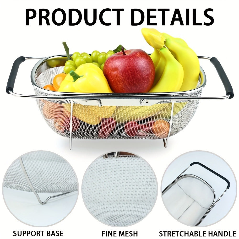 Expandable Sink Colander Stainless Steel, Over the Sink Strainer Basket with Fine Mesh & Rubber Grip