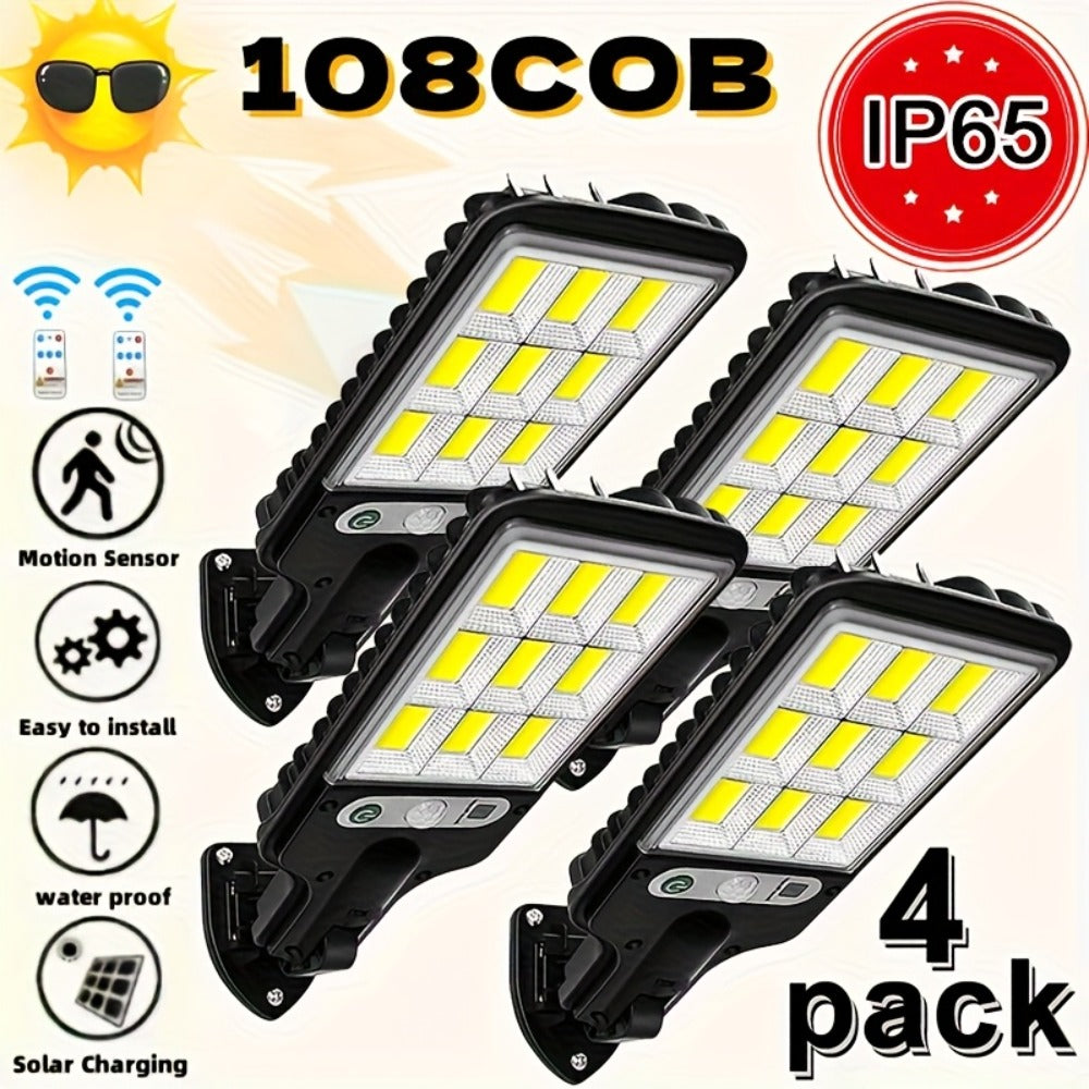 Solar Motion Sensor Security Wall Light 108COB LED, Outdoor Solar Powered Street Light with Remote Control & 3 Modes