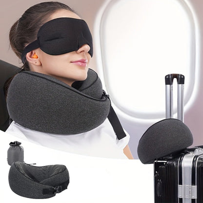 Black Memory Foam Travel Neck Pillow with Front Buckle, 23 × 15 × 28 cm Label, Removable Cover and Carry Bag