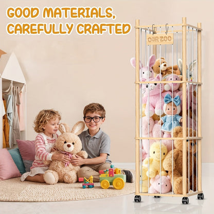 Stuffed Animal Storage Organizer with Pine Wood Frame, Wheels and 2 or 3 Tiers for Nursery or Playroom
