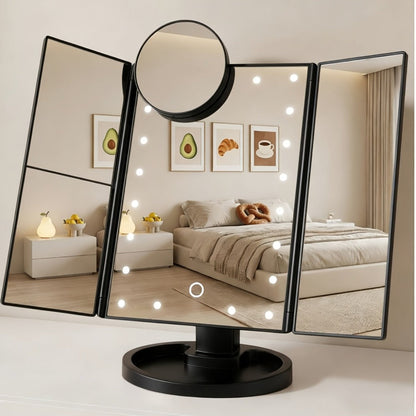 Vanity Mirror with Lights Tri-Fold 21 LED Lighted Makeup Mirror Touch Control 1X 2X 3X 10X Magnification 360 Rotation Dual Power Tabletop