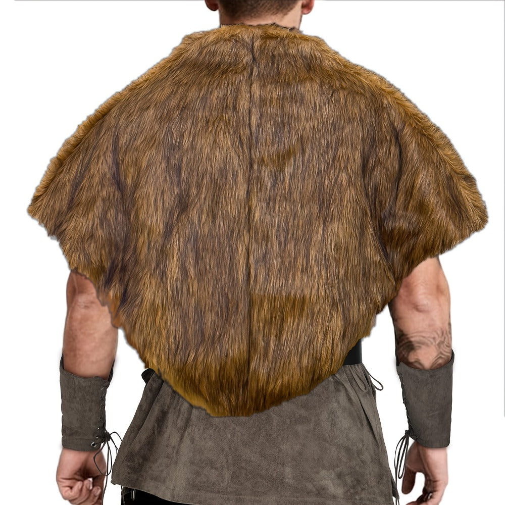 Viking Wolf Fur Cloak & Medieval Mantle with Crossed Chest Straps – Faux Fur Shoulder Wrap for Men & Women