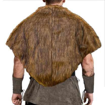 Viking Wolf Fur Cloak & Medieval Mantle with Crossed Chest Straps – Faux Fur Shoulder Wrap for Men & Women