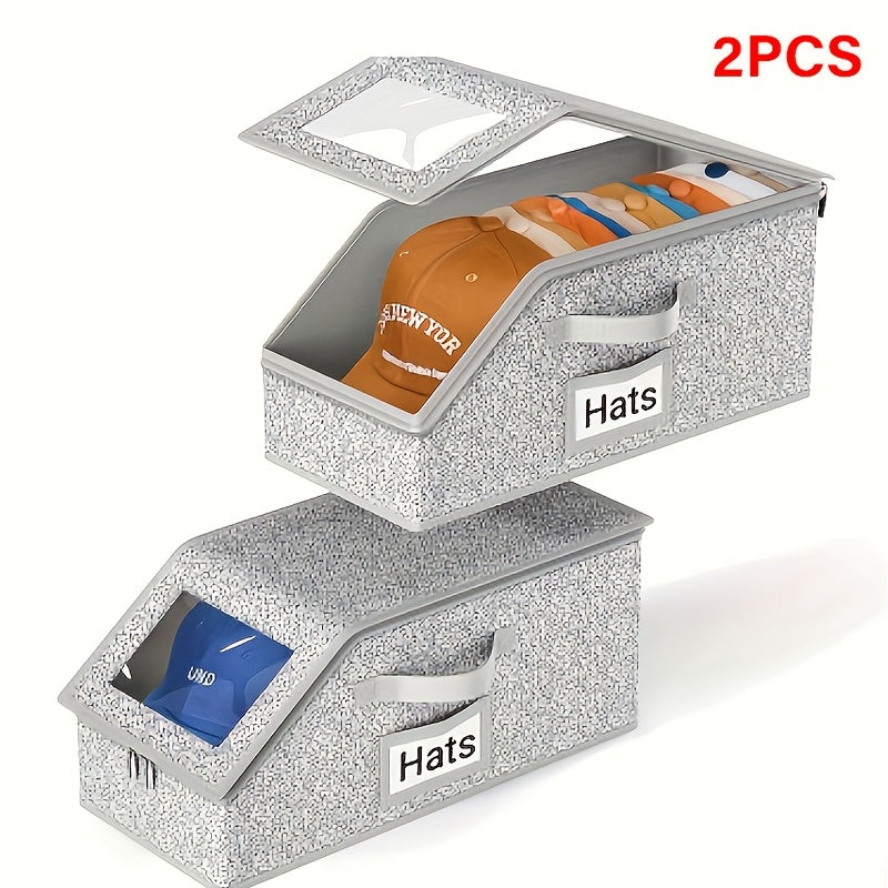 Baseball Cap Storage Box 2 Pack – Foldable Stackable Zippered Hat Organizer, Large Capacity Dustproof Closet Storage for Caps