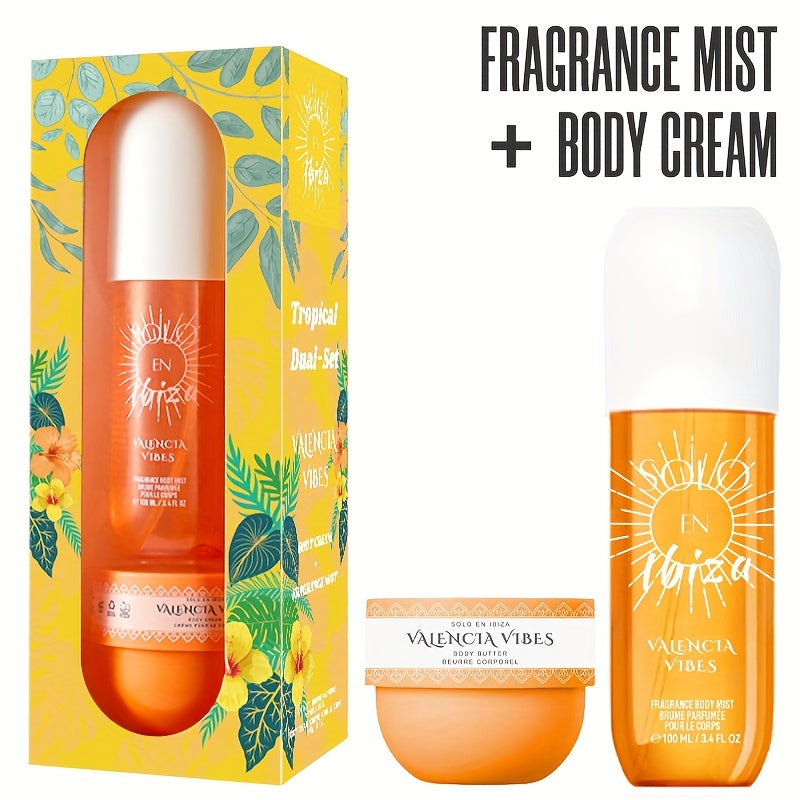 Body Hair Fragrance Mist Gift Set 2-Piece SOLO EN IBIZA Perfume Mist Body Cream Vanilla Fruit for Bath Time, Home Spa and Personal Care