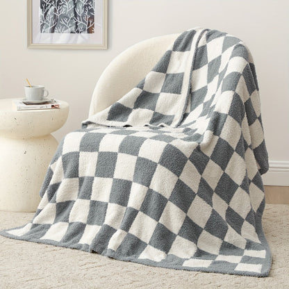 Jacquard Knit Checkered Blanket, Cozy Fluffy Plaid Throw for Couch, Bed & Sofa, All Seasons, 4 Colors