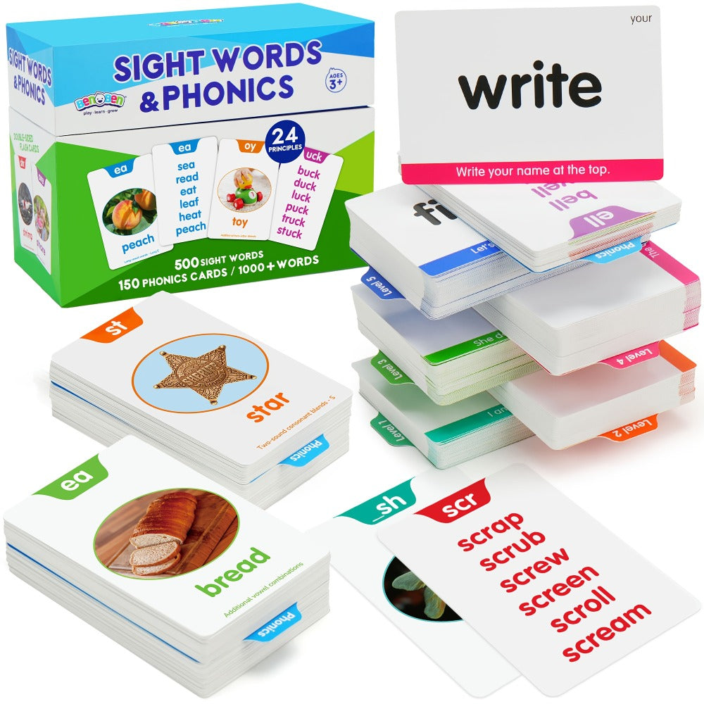 Sight Words Flash Cards 500 Cards & 150 Phonics Cards Set 1000+ Dolch Fry High Frequency Words CVC Blends Long Vowels | Learn to Read Cards