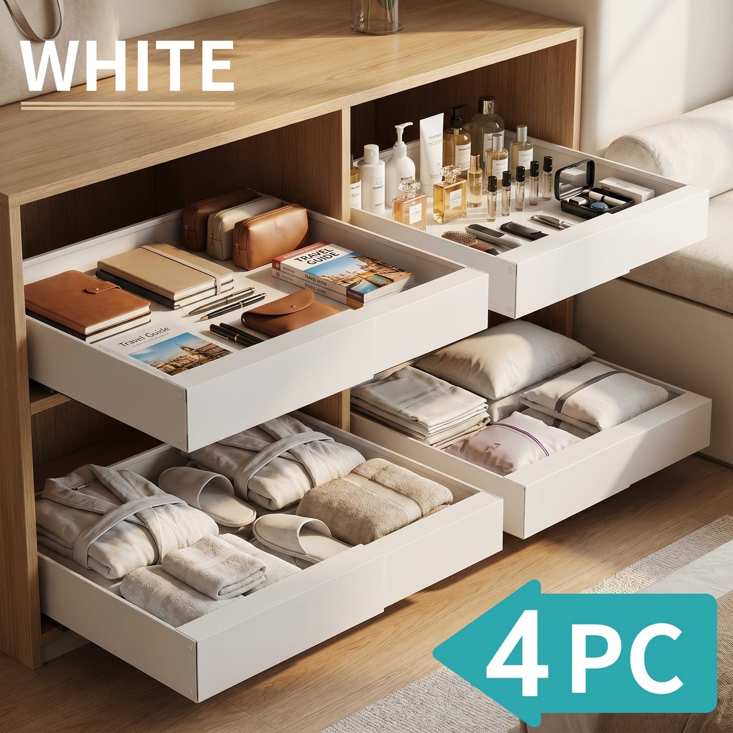 Expandable Pull-Out Cabinet Organizer with 12.6-20.5 Inch Width, Three-Track Slides and 2- or 4-Drawer Options