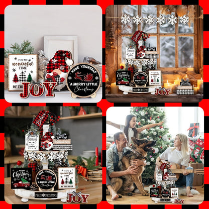 Tiered Tray Decor Set 15/20pcs Winter Christmas Farmhouse Wooden Signs - Buffalo Check for Entryways, Bedrooms and Living Spaces