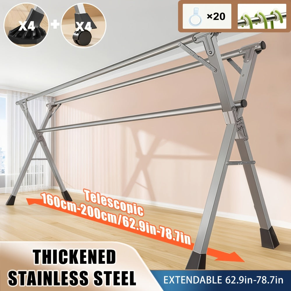 Folding A-Frame Clothes Drying Rack with Telescopic Rods, Wheels, Hooks and Four 62.9-94.4-Inch Layouts