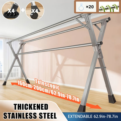 Folding A-Frame Clothes Drying Rack with Telescopic Rods, Wheels, Hooks and Four 62.9-94.4-Inch Layouts