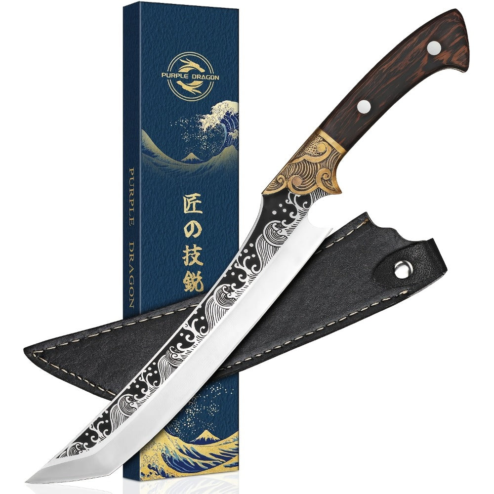 8.86-Inch Carving Knife with Patterned High-Carbon Steel Blade, Full-Tang Wood-Look Handle and Brown Sheath