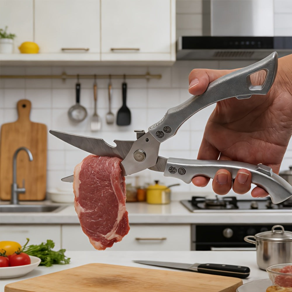 Seven-Piece Kitchen Knife Set with Six Hammered Silver Blades, Scissors and Wood-Look Handles