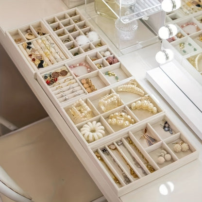 Stackable Jewelry Organizer Trays 6-Piece Set – Rectangular Multi-Compartment Drawer Inserts with Removable Dividers for Earrings, Rings