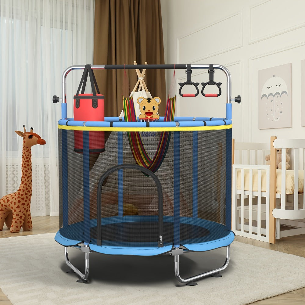 60 Inch Trampoline with Enclosure and Gymnastics Bar, Height Adjustable Indoor Outdoor Round Trampoline with Toys for Kids