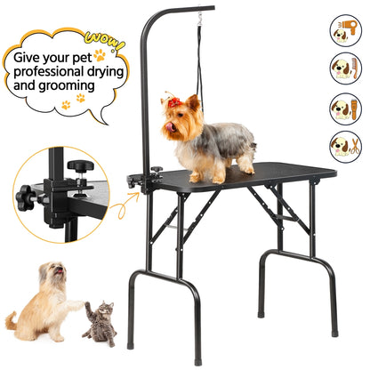 Pet Grooming Table Foldable with Height Adjustable Arm – Non-Slip Waterproof Surface, Folding Legs, Sturdy Metal Frame