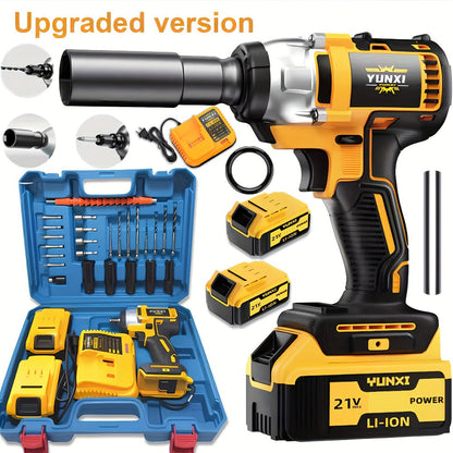 Cordless Impact Wrench 21V Brushless Electric Drill Set with 4000mAh Battery, Toolbox & Full Accessories