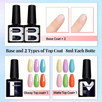 Gel Nail Polish 40-Piece Kit with 36 Colors, Base Coat, Glossy and Matte Top Coats, Glitter Shades and UV Cure
