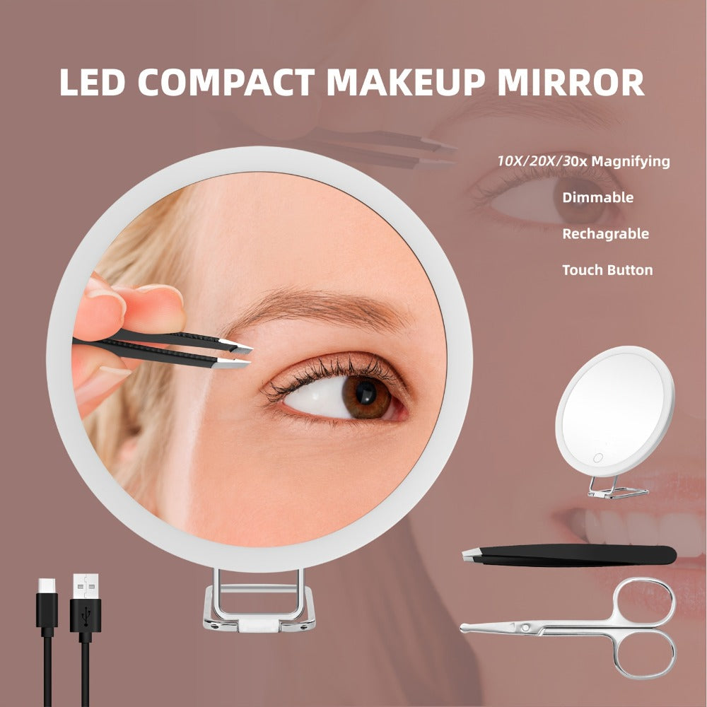 30X LED Magnifying Mirror Rechargeable 6-Inch Lighted Handheld Pocket Mirror with Hanging Loop – Portable Travel Vanity Mirror for Precision
