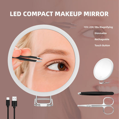 30X LED Magnifying Mirror Rechargeable 6-Inch Lighted Handheld Pocket Mirror with Hanging Loop – Portable Travel Vanity Mirror for Precision