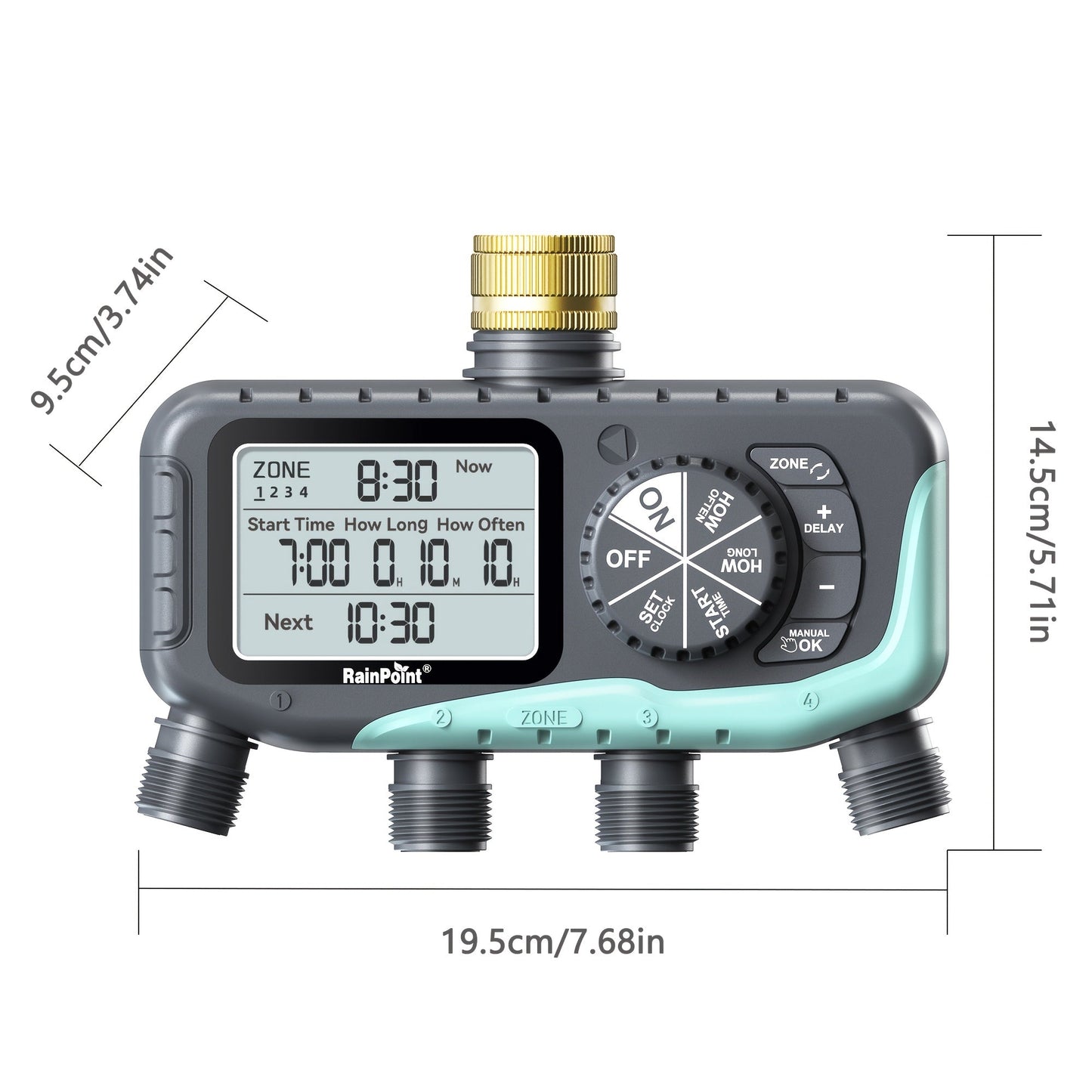 Garden Irrigation System 4-Zone, Automatic Watering Controller with Brass Head, Manual & Rain Delay Modes