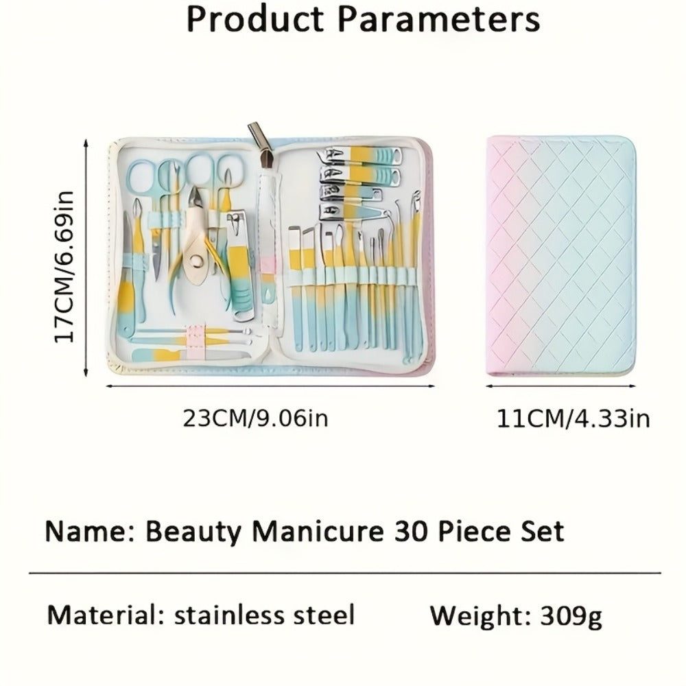 Thirty-Piece Manicure and Pedicure Kit with Gradient Travel Case, Clippers, Scissors and Nail Tools