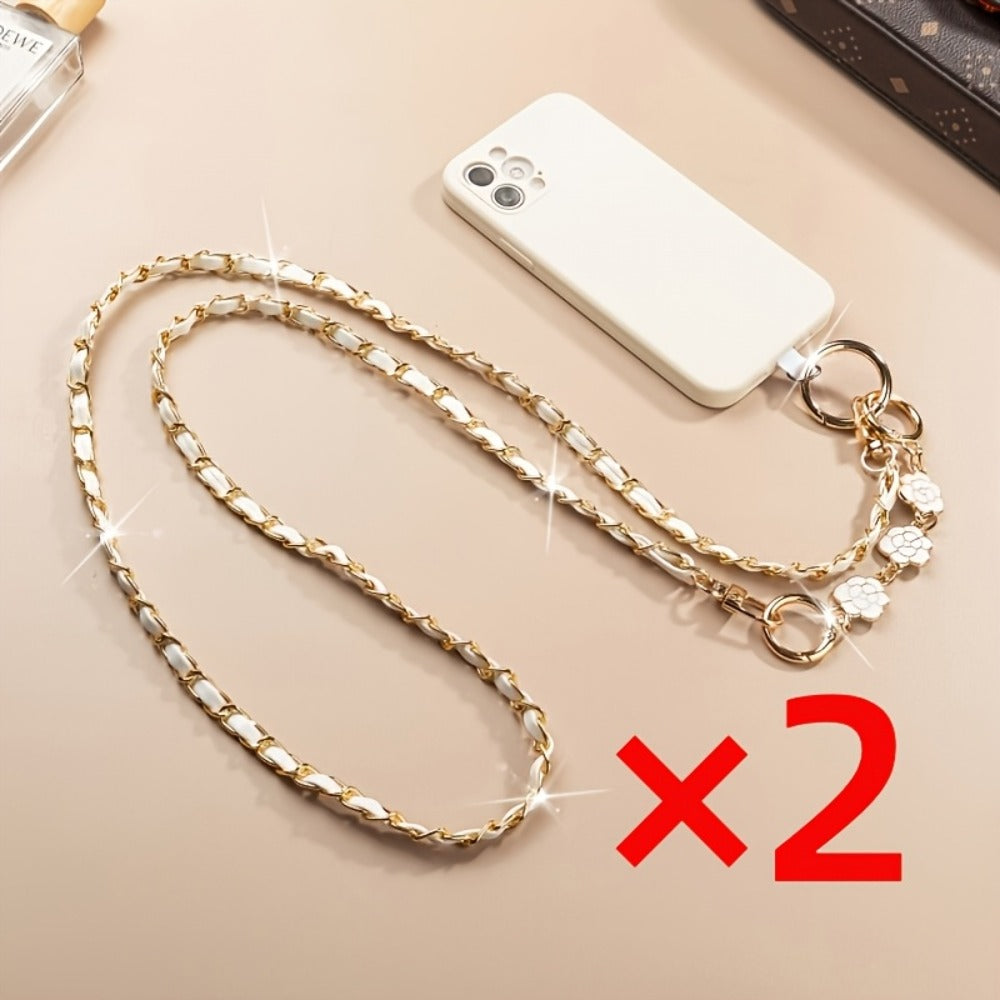 Crossbody Phone Strap Long Chain Pearl Camellia Metal Charm Elegant Lanyard for Women Girls
