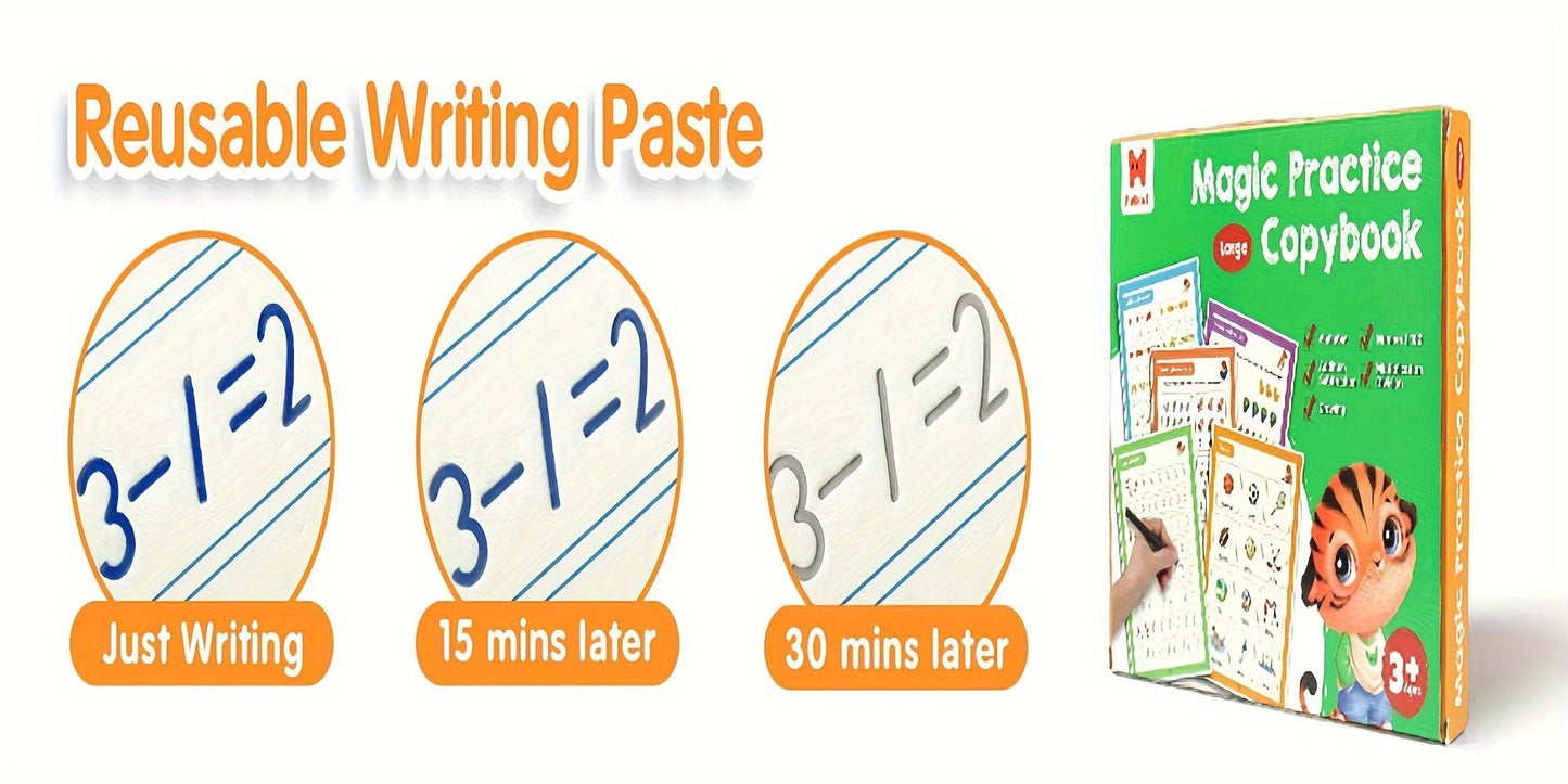 Magic Grooved Handwriting Practice Book for Kids Ages 3-8 – Reusable 5-in-1 Tracing Workbook for Letters Numbers Drawing Math