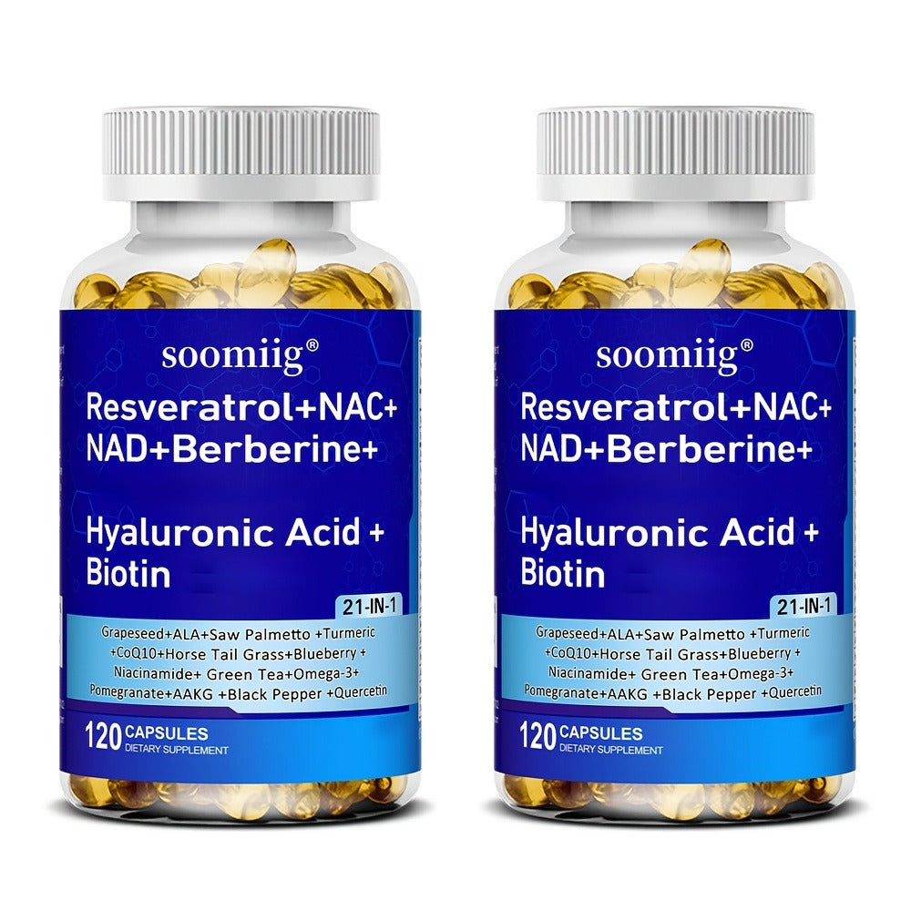 Resveratrol & NAC Supplement 120 Capsules with NAD, Collagen Peptides, Hyaluronic Acid, CoQ10, Quercetin & Omega-3