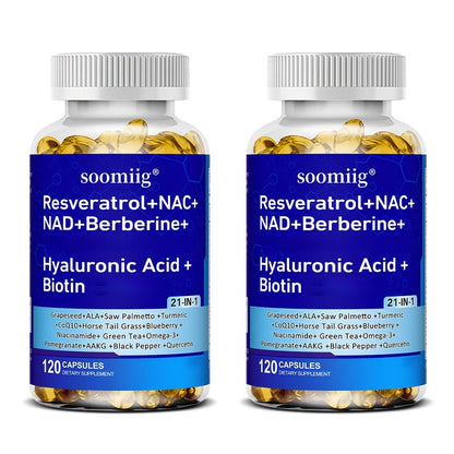 Resveratrol & NAC Supplement 120 Capsules with NAD, Collagen Peptides, Hyaluronic Acid, CoQ10, Quercetin & Omega-3
