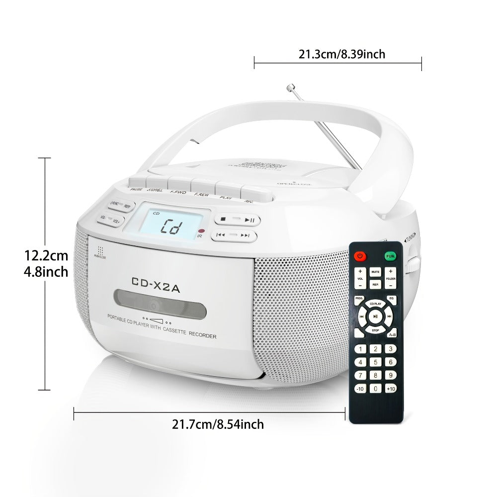CD Cassette Player Boombox Combo with AM/FM Radio, Remote Control, LCD Display, AUX USB Earphone Jack