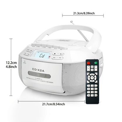 CD Cassette Player Boombox Combo with AM/FM Radio, Remote Control, LCD Display, AUX USB Earphone Jack