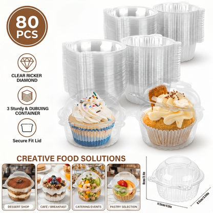 Individual Cupcake Container Set, 80 Clear Plastic Boxes with Dome Lids and Flip-Top Closures