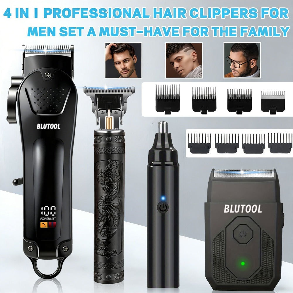 Hair Clipper & Trimmer Set 4-Piece for Men – Professional Barber Kit with Nose Trimmer, Detail Trimmer, Guide Comb