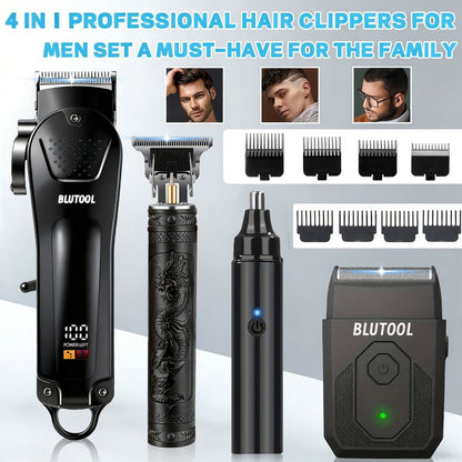 Hair Clipper & Trimmer Set 4-Piece for Men – Professional Barber Kit with Nose Trimmer, Detail Trimmer, Guide Comb