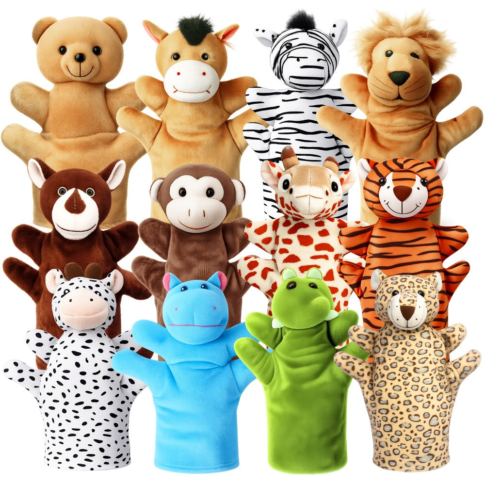 Twelve-Piece Zoo Animal Hand Puppet Set with Bear, Zebra, Lion, Giraffe, Hippo and More Designs