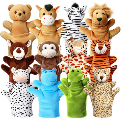 Twelve-Piece Zoo Animal Hand Puppet Set with Bear, Zebra, Lion, Giraffe, Hippo and More Designs