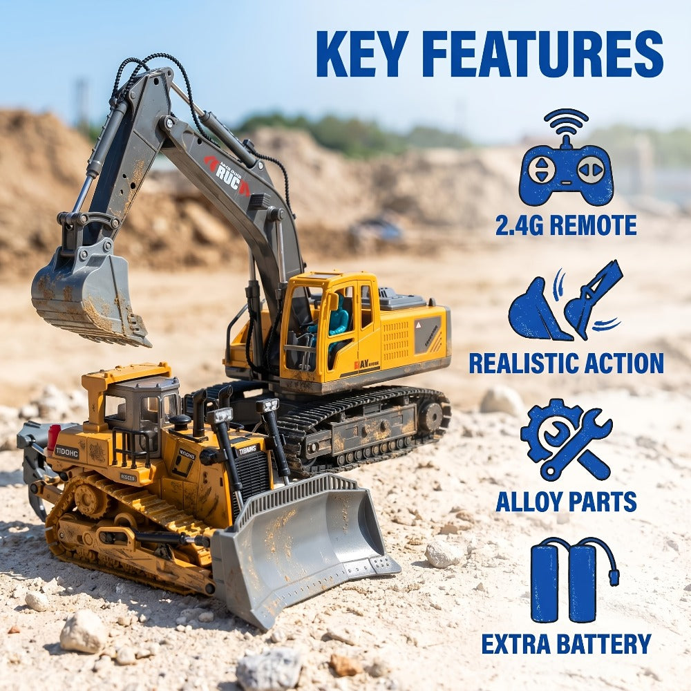 RC Construction Vehicle Set 2.4G 11-Channel Remote Control Excavator Dump Truck Bulldozer, 1:24 & 1:64 Alloy Engineering Toy