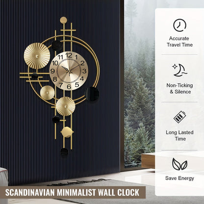 Golden Metal Art Wall Clock with Asymmetrical Circular Accents, Analog Dial and 30.7 x 17.7-Inch Size
