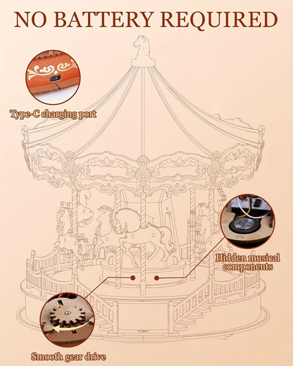 Rolife Carousel Music Box Kit, DIY 3D Wooden Puzzle Architectural Craft Model, Spinning Carousel with Music